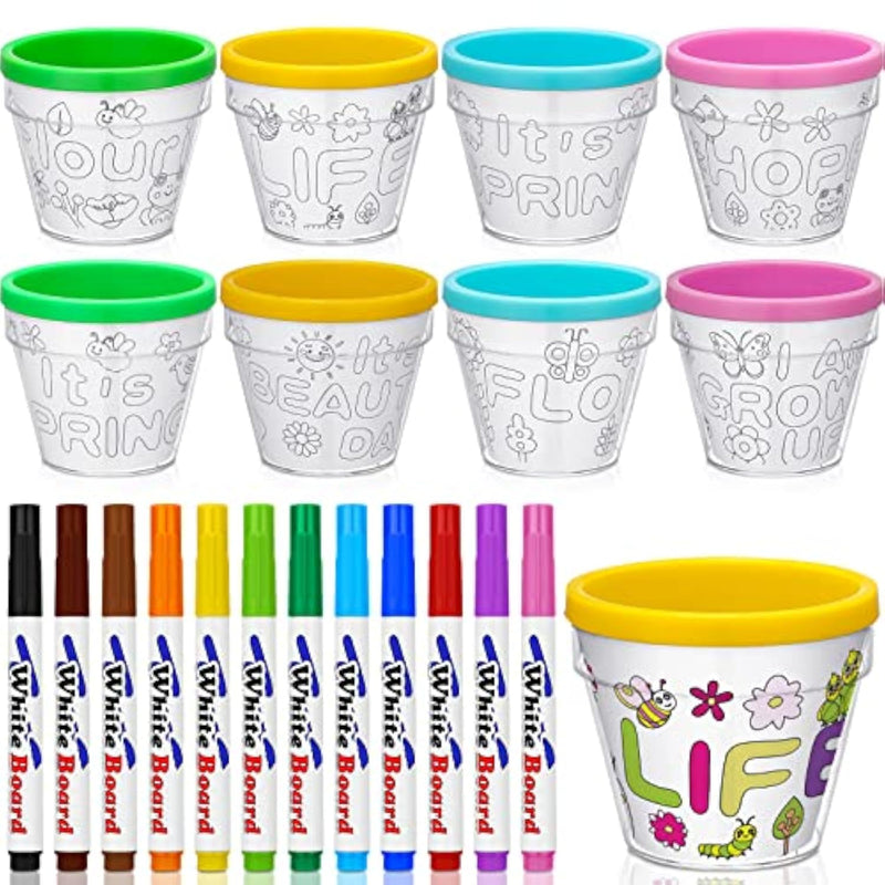28 Pcs Flower Pot Painting Kit with 16 Pots & 12 Markers, Spring DIY Craft