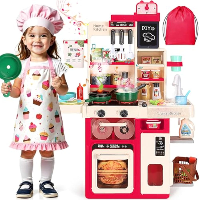 Kids Kitchen Playset, Play Kitchen For Toddlers 1-3 With Sound And Light, Cooking Stove With Steam, Play Sink And Toy Kitchen Accessories Pretend Kitchen Toys For Girls Boys 3-5 (Red)