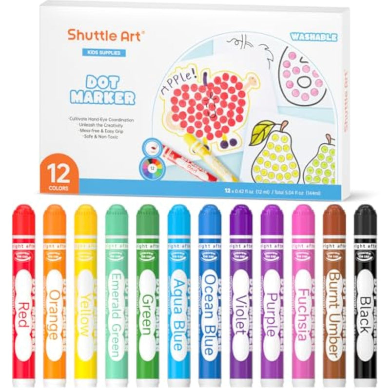 12 Color Washable Dot Markers for Toddlers, Non-Toxic Art Supplies