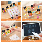 Food Groups - 20 Wooden Play Food Sets & 4 Crates & 4 Mini Blackboard & 15 Play Money, Pretend Toy Food Kitchen Accessories For Toddlers & Kids Ages 3+