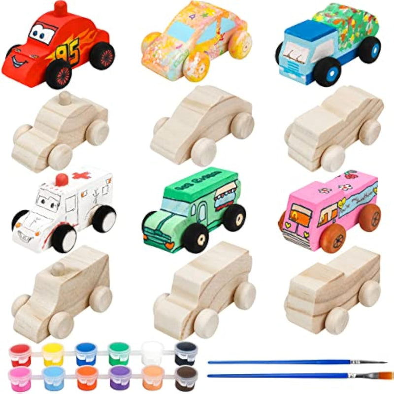 12 Pcs Unfinished Wooden Cars to Paint, DIY Craft Toys for Kids Ages 3-5