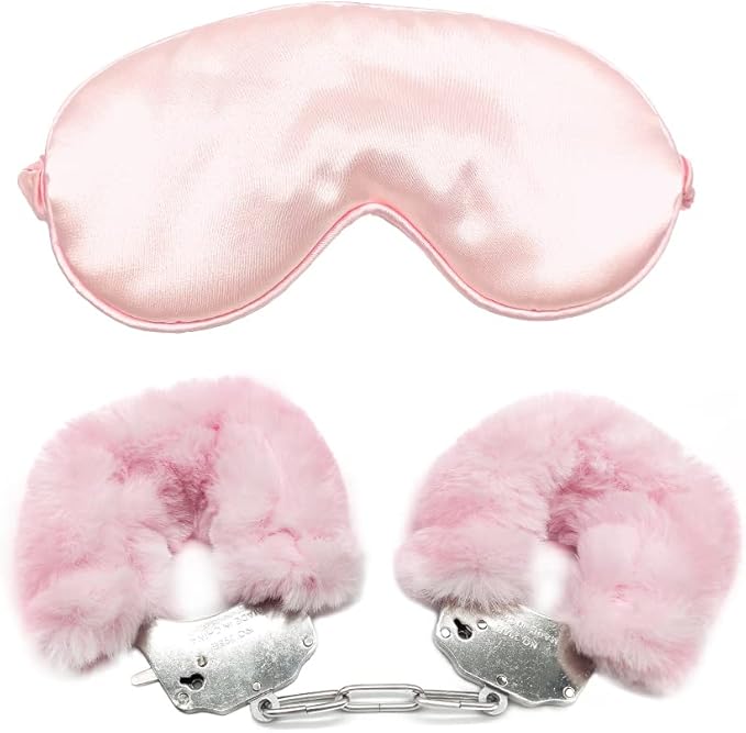 2Pcs Furry Handcuffs With Blindfold Restraints Kit Metal Plush Wrist Cuffs With Keys Soft Fuzzy Adult Sex Toys For Couples (Pink)