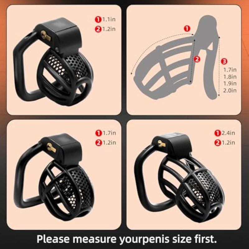 Male Chastity Device Cock Cage - Chastity Cage For Man Penis Exercise 3D Printed Black Bondage Gear Lightweight Adult Sex Toy With 4 Sizes Rings Invisible Lock And Key