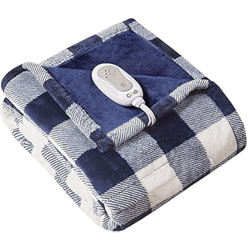 Soft Plush Electric Heated Blanket Throw, Blue Plaid Microlight Therapedic Thr