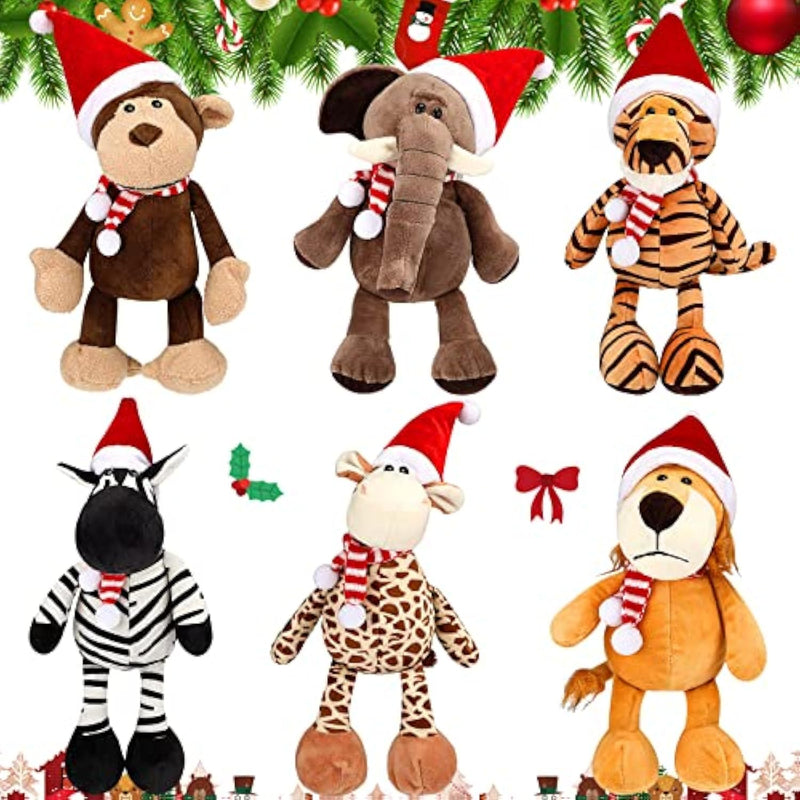 6 Pieces 11.8 Inch Christmas Stuffed Animal Christmas Plush Monkey Giraffe Elephant Lion Tiger Zebra For Kids, Safari Party Decorations