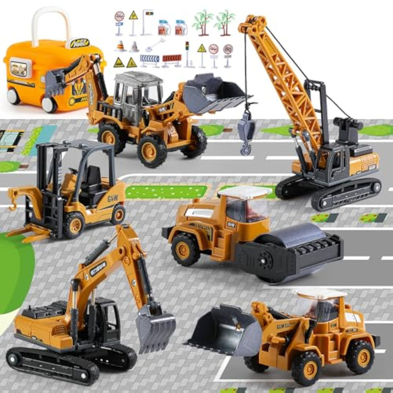 Construction Trucks Toy Set With Yellow Bus Storage And Play Mat – Alloy Inertia Driving Simulation Model Engineering Toys With Scenario Accessories – Ideal Gifts For Ages 3-8, Boys And Girls (5 In 1)