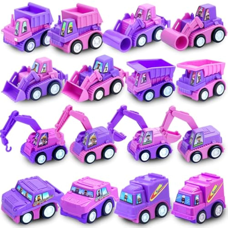 16-Piece Mini Construction Car Set|Pink Assorted Pull Back Car Toys Construction Vehicles For Girl 3-5 Years Old Kids|Small Play Truck Bulk Birthday Gift Themed Cake Decoration|Beach Party Favors Toys