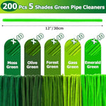 200 Pcs Green Pipe Cleaners, 5 Shades, 12 Inch Chenille Stems for Crafts & Decorations