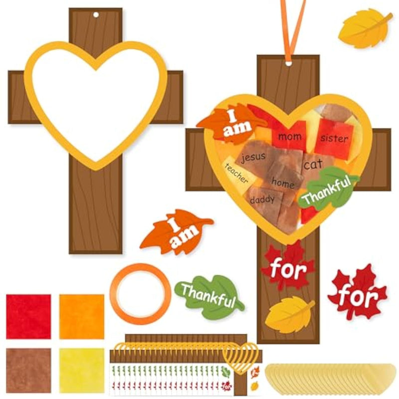24 Pcs Fall Cross Suncatcher Craft Kit, Christian Thanksgiving Activity for Kids