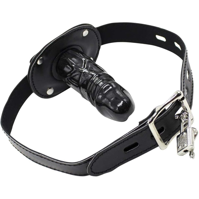 Realistic Dildo Open Mouth Gag Penis Gag Sm Bondage Penis Muzzles Oral Stuffed Lockable Deep Throat Slave Insert Oral Plug Erotic Bondage Sex Toys(Black,Long)
