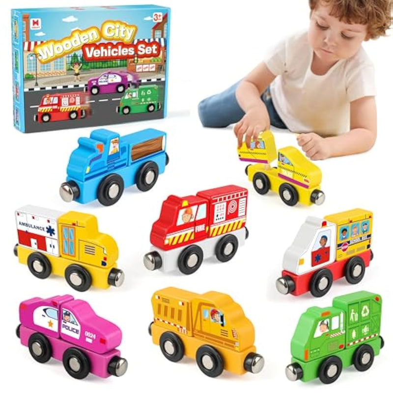Wooden Magnetic Trains Cars - 8 Piece Educational And Skill-Building Wooden Toy For Boys And Girls Toys Train, Montessori Fine Motor Skills For Toddlers And Kids Ages 3+