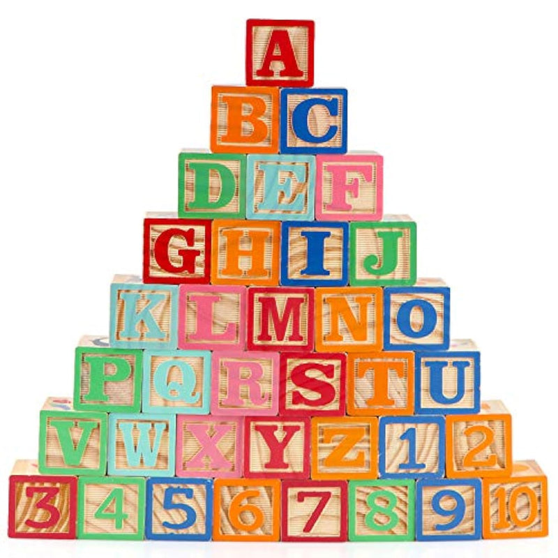 Wooden Abc Toy Building Blocks For Toddlers 1-3 36 Pcs Wood Alphabet Number Blocks For Stacking Learning Preschool Educational Montessori Sensory Toys For Kids Boys Girls Gifts 1.7"