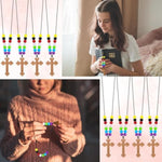 16 Set DIY Wooden Cross Necklace Kits with Colorful Beads for Christian Crafts