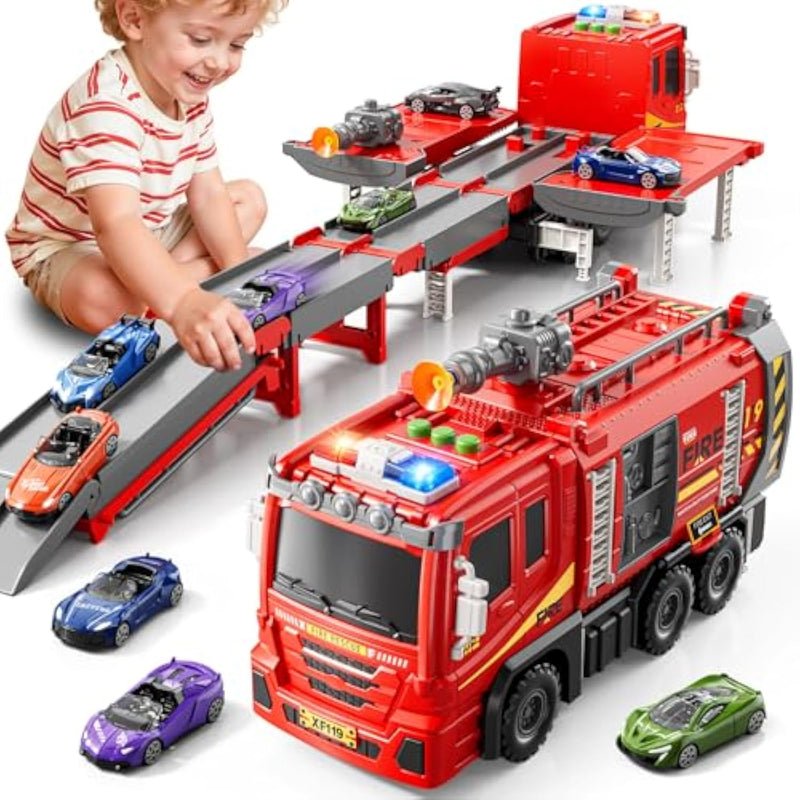 Fire Trucks Toys For Toddlers Ages 3-5, Folded Carrier Truck Race Track With With Lights & Sounds And 6 Racing Car Toys, Birthday Gift For 3 4 5 6 7 8 Years Old Boys Girls