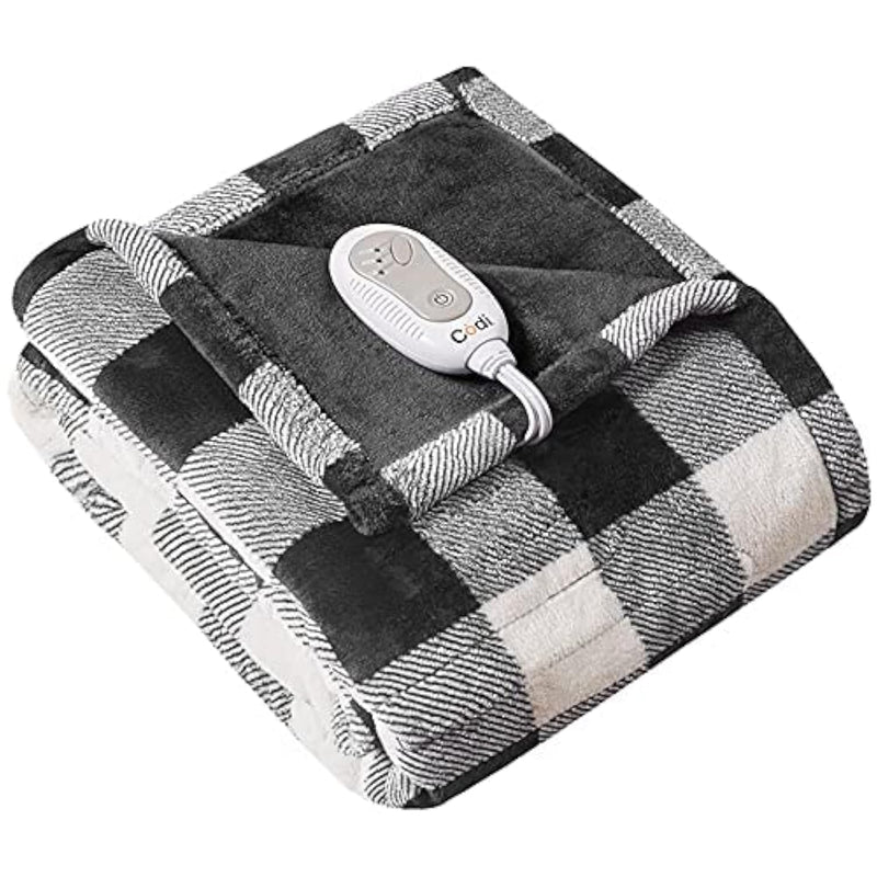 Soft Plush Electric Heated Blanket Throw, White Black Plaid Microlight Therape