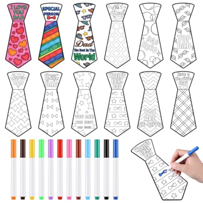 48 Pcs Father's Day Fuzzy Tie Craft Kit with 12 Color Markers for Kids