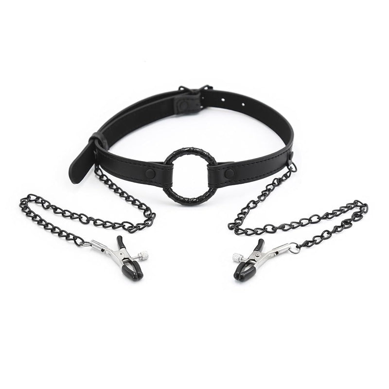 Bdsm Mouth Gag With Nipple Clamps, Adjustable Open Mouth O Ring Gag With Nipple Clamps Chain For Woman Ladies Adult Bondage Restraints Sex Play, Erotic Sex Toy For Couples Fetish Flirt Slave Roleplay