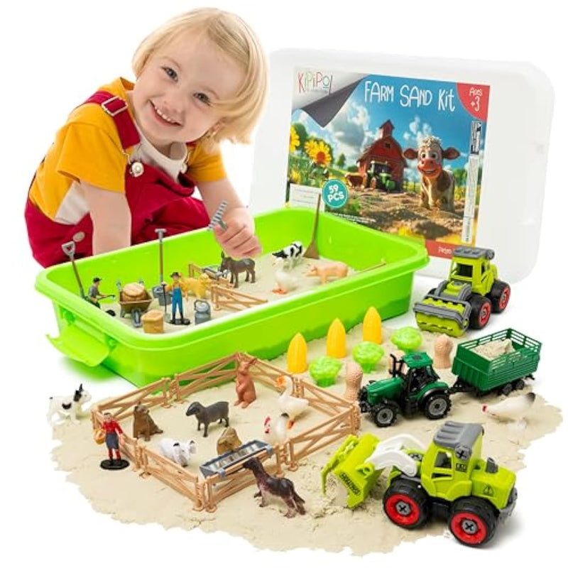 59 Pcs Farm Sensory Bin - Sandbox With Lid, 2.2 Lb Sensory Sand Kit For Boys, Toddler Farm Toys, 3 Take Apart Construction Trucks -Sensory Toys For Kids 5-7, 3-4 & Up- Kids Gifts For Boys And Girls