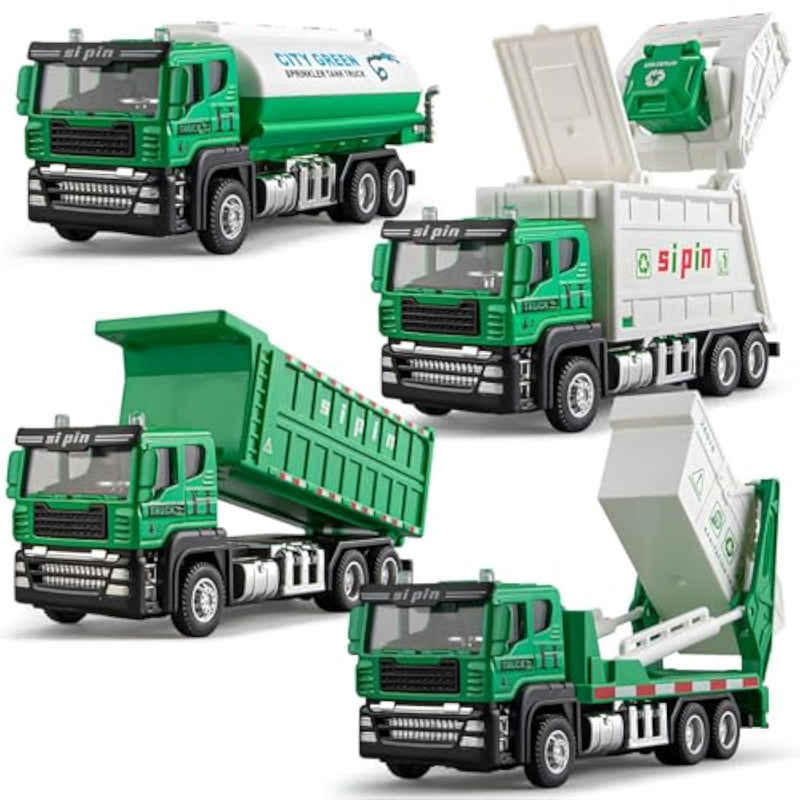 4 Packs Die-Cast Mini Garbage Truck Toy, Metal Trash Truck Vehicles Set For Kids, Friction Powered Recycling, Tankers, Alloy Dump Model Toy For Toddlers Boys
