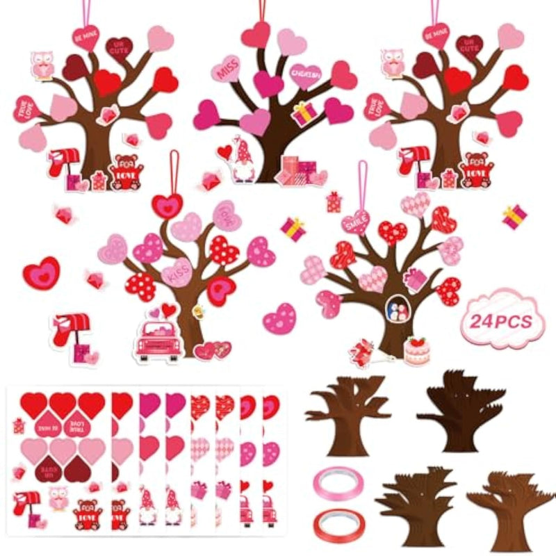 24 Pack DIY Love Heart Tree Craft Kit for Valentine's Day Party Favor Supplies