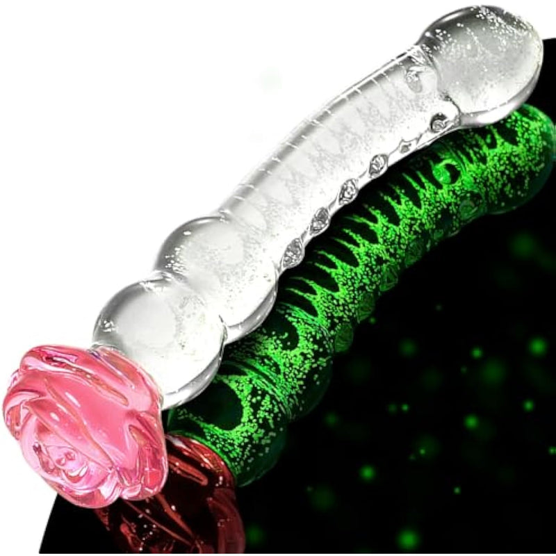 Glass Dildo Rose Adult Tool For Women - Anal Dildo Sex Toy Glow In The Dark Borosilicate Glass Sex Toys For Temperature Play With Anal Beads & Texture Design, 8 Inch Thick Butt Plug For Women