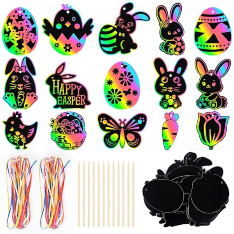 48 Pcs Easter Scratch Art Cards, Magic Rainbow Craft Set for Kids & Party Favors