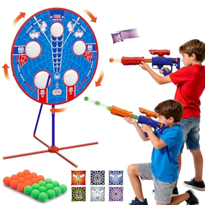Spider Upgraded 2-In-1 Shooting Games Toys: Rotating Target, 2 Air Blasters & 24 Foam Balls, Bean Bag Toss Game For Kids, Indoor Outdoor Yard Party Games For Boys Girls 4 5 6 7 8 9 10+ Year Old Gift