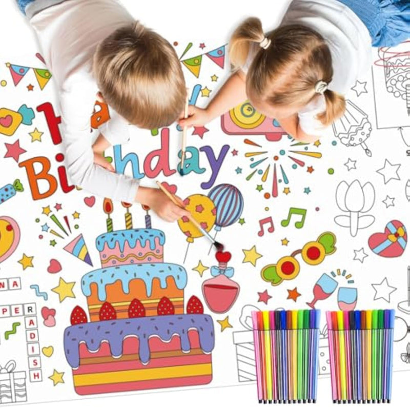 Giant Happy Birthday Coloring Poster, 72 x 30 Inch Banner with 24 Markers