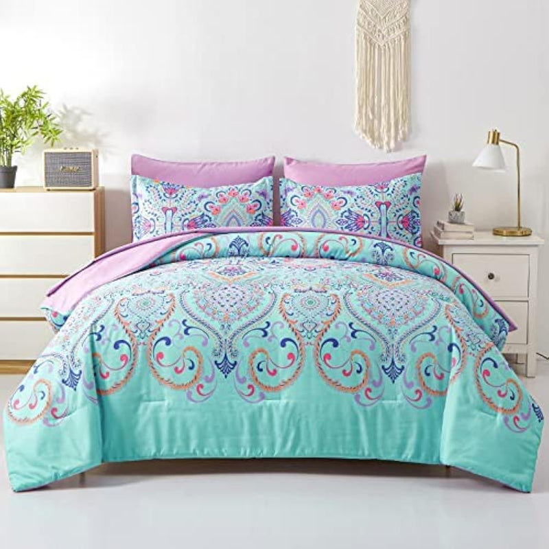 Twin Comforter Set, 5 Piece Bed In A Bag, Boho Aqua And Lilac Damask Medallion