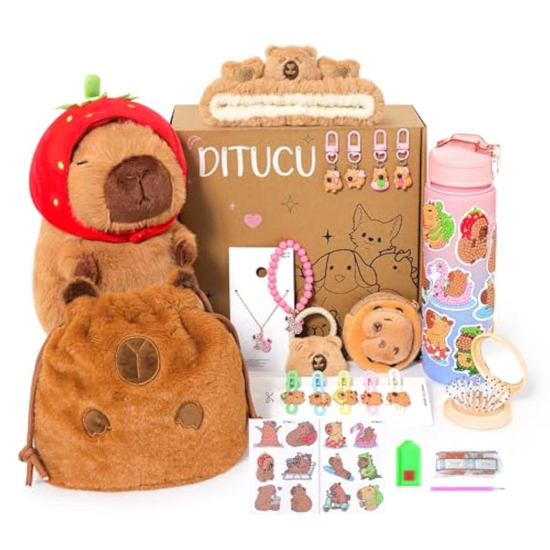 Strawberry Capybara Plush Gifts For Girls 4 5 6 7 8 9 10 Years Old With Stuffed Animal/Stickers/Water Bottle/Bag/Coin Purse/Keychains/Hair Accessories/Comb/Necklace/Bracelet Plushies Toys Set