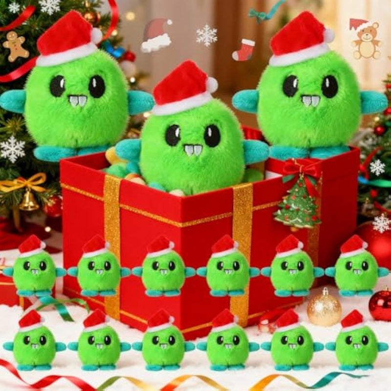 16 Pcs Christmas Small Stuffed Animals Bulk Plush Monsters For Kids 4" Mini Plush Soft Toy Lime Green Monsters With Santa Hat For Christmas Party Favor Gift