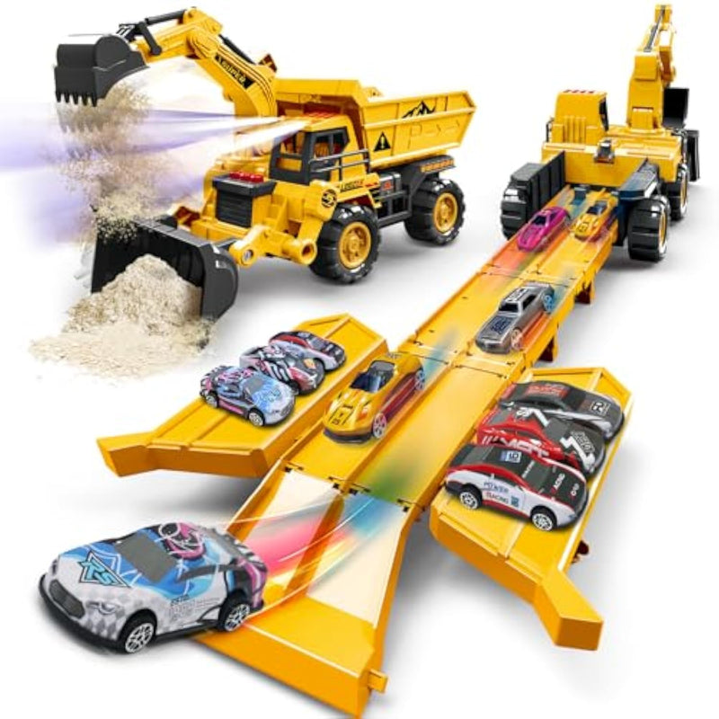 W/Semi Truck With 6 Small Toy Cars, 4-In-1 Mini Excavator, Bulldozer, Engineering Vehicles Toddler Toys W/Lights & Sounds, Model Kids Toys For Ages 5-7