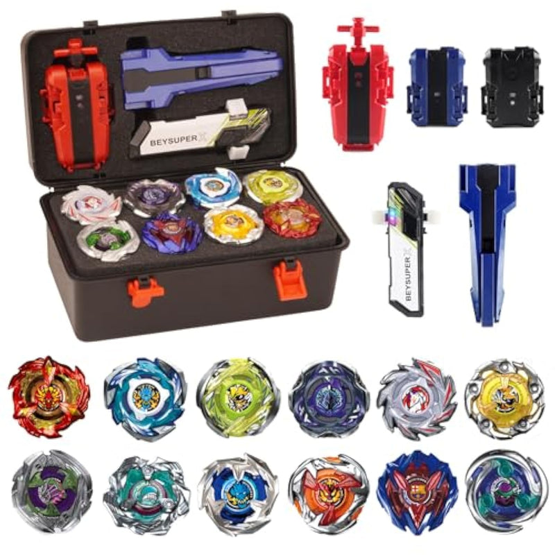 Battling Burst Gyro Blade Toy Set Gift 12 Burst Spinning Tops 2 Two Way Launchers Grip Starter For Boys Children Kids 6 8 10 12+ Battle Game With Portable Box