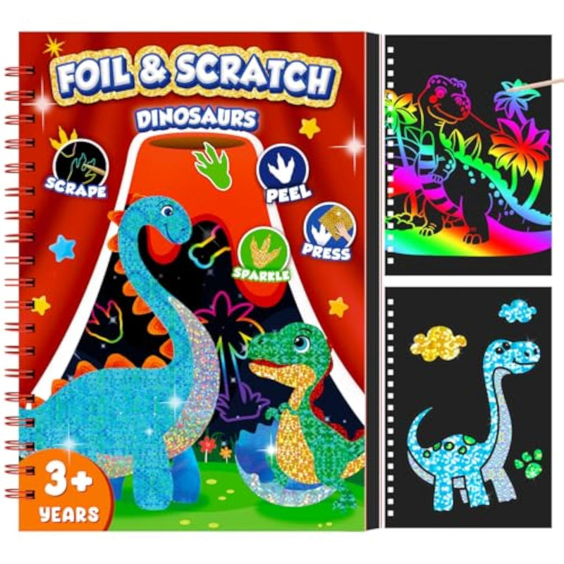 Dinosaur Foil Art & Scratch Art Book, 2-in-1 Mess-Free Craft Kit for Kids