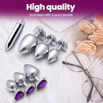 Anal Plug Trainer Set With Three Sizes Of Heart Shaped Purple Jeweled Handles, Stainless Steel Anel Butt Plugs For Men Women And Couples Sex Toys