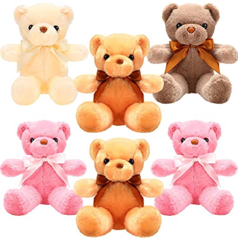 6 Pcs Bear Stuffed Animal Bulk Baby Shower Bear Plush Toys Soft Cute Sleeping And Playing Decorations For Kids Back To School Gift Baby Shower Birthday Party Favor(Beige, Brown, Pink)