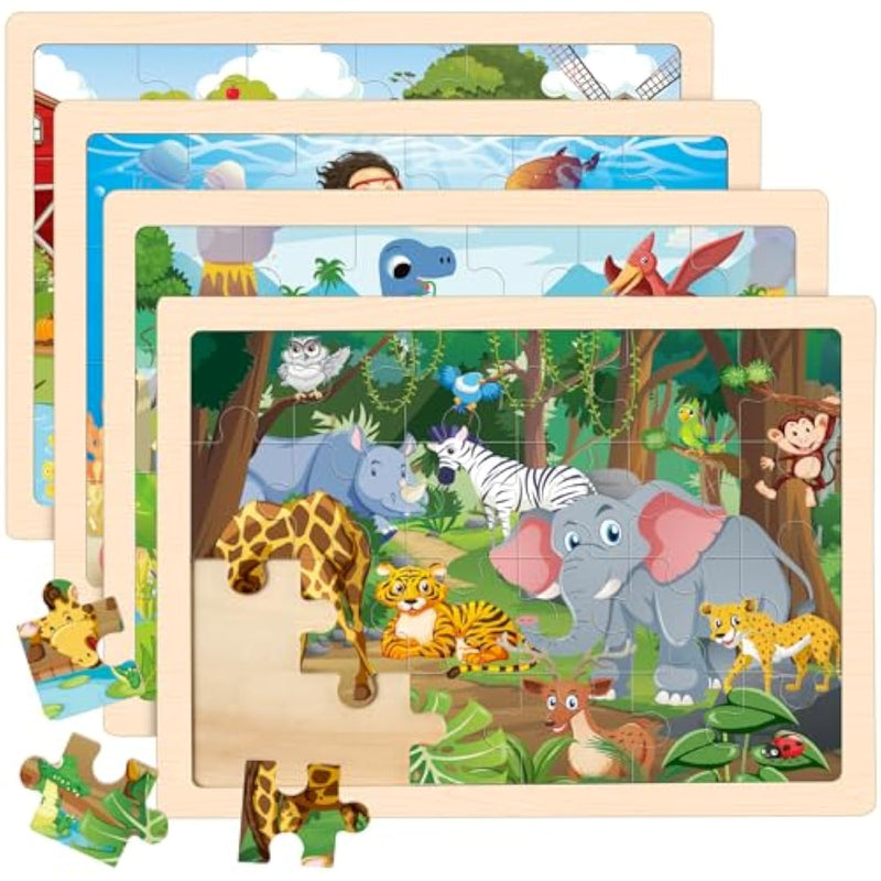 Wooden Animals Puzzles For Kids Age 3 4 5 Year Old, 4 Pack 24 Pcs Montessori Toddler Jigsaw Puzzles For Girl Boy Activities Preschool Learning Educational Birthday Gift Travel Autistic Wooden Toys