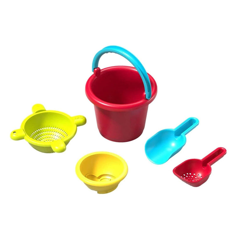 HABA Sand Toys Basic Set - 5 Piece Bundle with Plastic Pail, Sieve, Mold, S