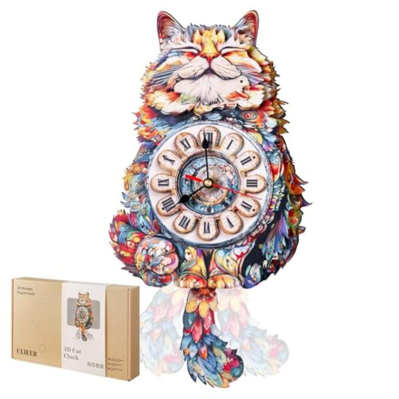 3D Wooden Cat Clock Puzzle for Adults - Unique Cat Shape Wooden Puzzles for Relaxation and Fun