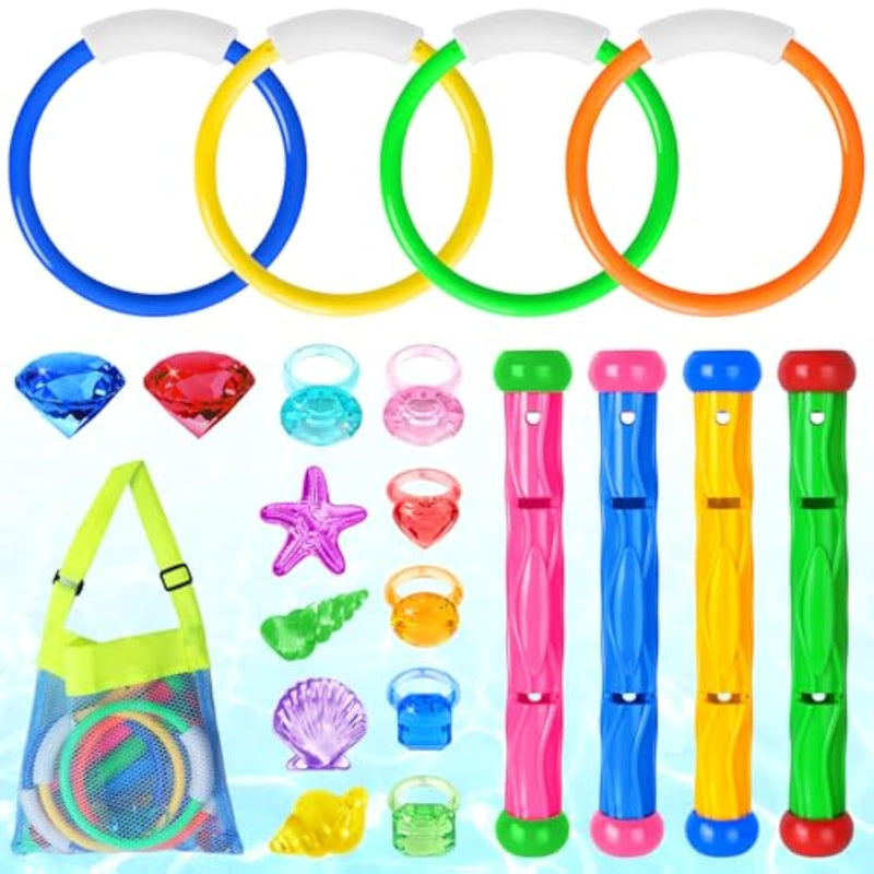 20 Pcs Pool Diving Swimming Toys For Kids Diving Rings Sticks Gems Underwater Training Sinking Toys With Storage Bag For Summer Water Games Party Favors
