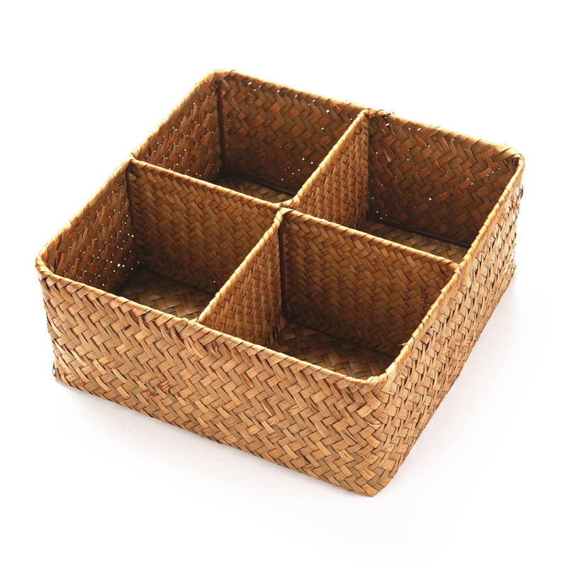 Woven Seagrass Storage Basket With 4 Divided Sections, Wicker Basket Bin Box Org