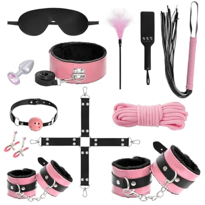 12 Pcs Sex Bondage Bdsm Restraints Kits Fetish Handcuffs Ankle Cuff Collar Blindfold Whip Rope Nipple Clamps Paddle Anal Toys Ball Gag Adult Games Foreplay Sexy Toys For Couples (Pink & Black)