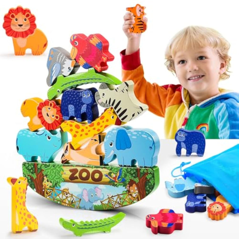 Wooden Animal Blocks Stacking Toy Kids Christmas Birthday Gifts For Boy Girl Age 3-7 Animals Montessori Toddler Toys 3 4 5 6 7 8 Year Old Boys Girls Educational Toys Fine Motor Balance Game