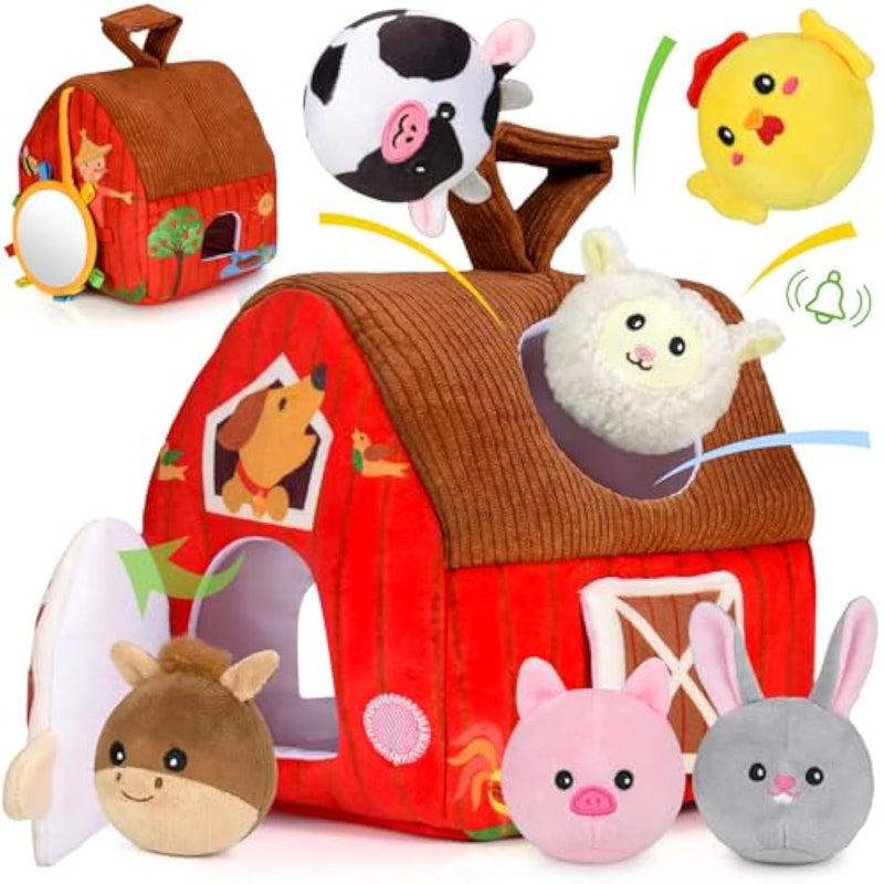 Baby Toys 6-12 Months: Plush Surprise Barn With Stuffed Farm Animals, Rattle, Crinkle Paper, Mirror, Busy Montessori Toys For Babies, Infant, Newborn, Sensory Toys For Toddlers 1-3