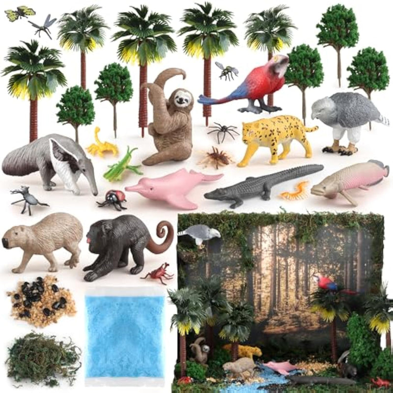 37Pcs Rainforest Animals Figures Toys Set, Rainforest Diorama Supplies Include Jungle Animal Figurines,Trees, Moss, Sand, Stones For Kids Historical Education School Project Decoration Birthday