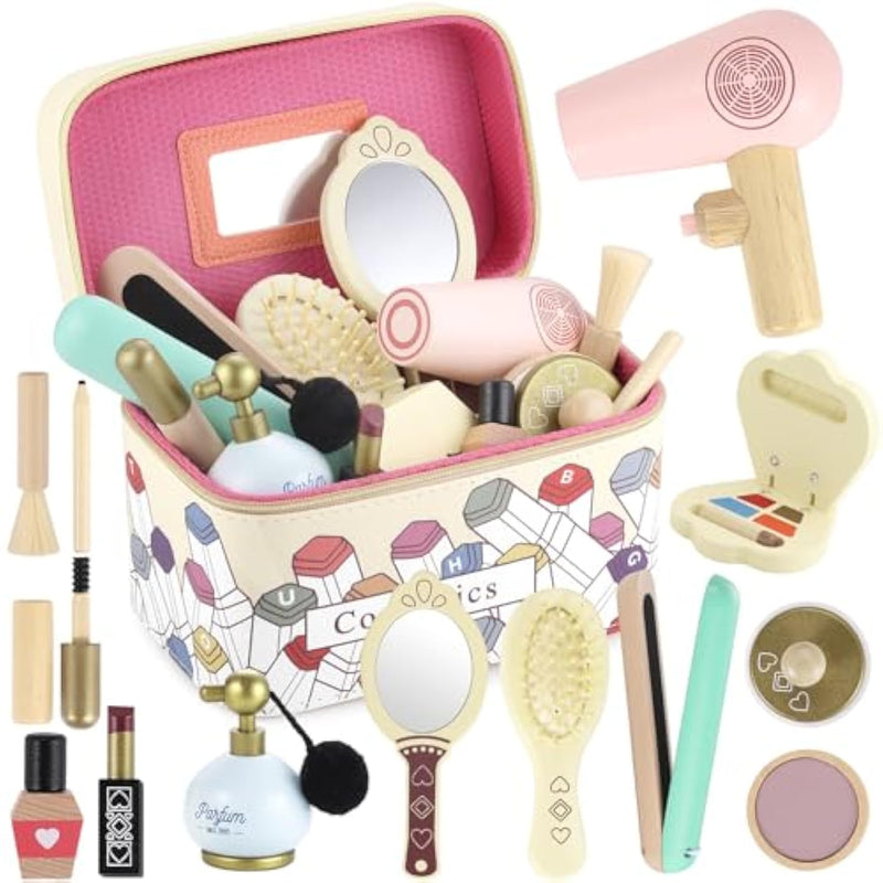 Wooden Makeup Toy Set Wood Hair Salon Playset Toddler Wooden Makeup Kit For Girls,Christmas Birthday Gift For 3 4 5 6 7 Years Old Kids