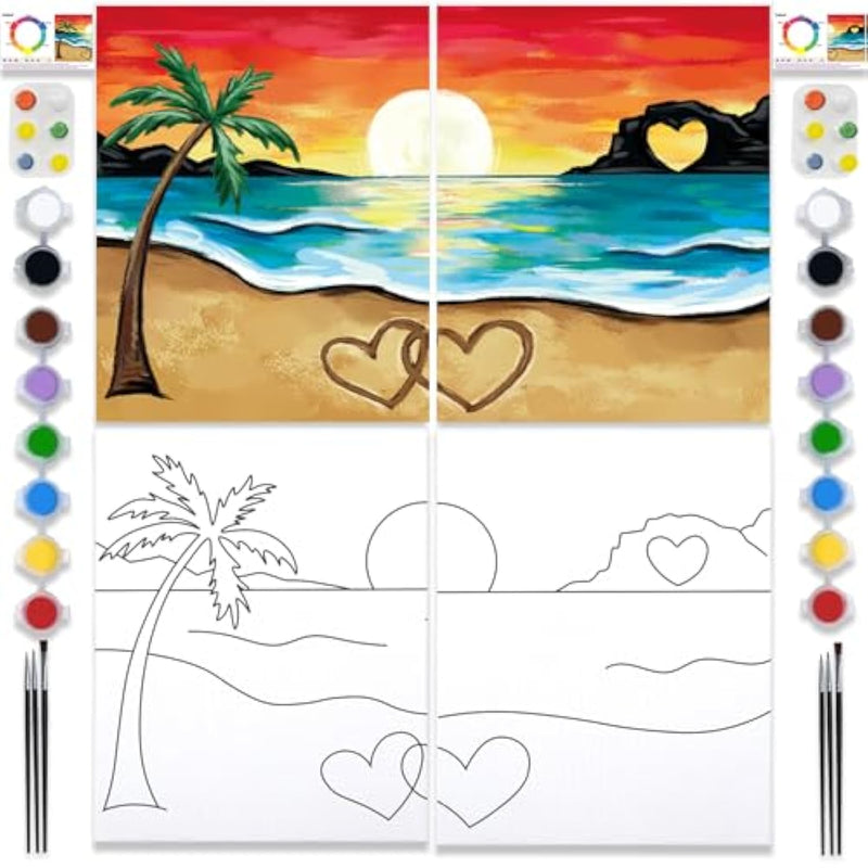 2 Pack Sip And Paint Kit For Adults Couples Painting Kit Pre Drawn Canvas To Paint Valentine'S Day At Home Date Night Party Favor Supplies Couples Activity Hawaii Beach 8X10 Canvas Painting Kit