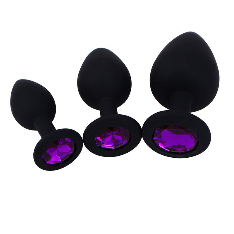 Anal Sex Trainer 3Pcs Silicone Jeweled Butt Plugs, Anal Sex Toys Kit For Starter Beginner Men Women Couples, Black