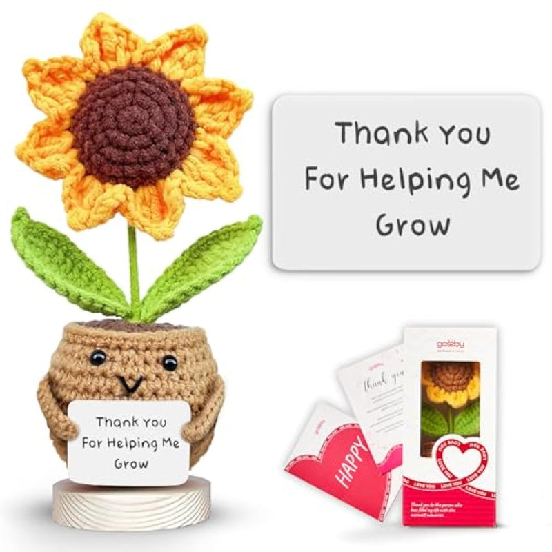 Handmade Positive Sunflower Doll Crochet With Card - Thank You For Helping Me Grow - Teacher Appreciation Gift From Student - Christmas, Birthday, Graduation, Thank You Gift For Teacher
