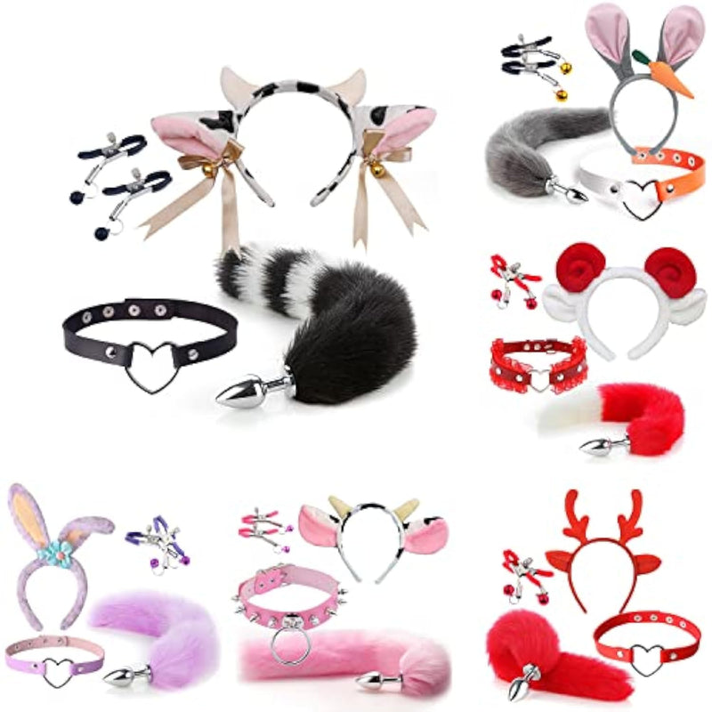 4 Pcs Set Fun Cow Sheep Antelope Rabbit Sexy Maid Tie Ear Hairpin Sm Metal Tail Anal Plug. Cosplay Neck Chest Bondage Accessories Sex Toy For Women Female Men Male Unisex (Rabbit Grey)